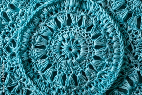 Pretty cyan blanket with pattern knitted from woolen yarn