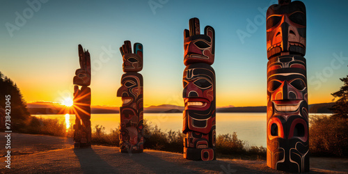 Canadian Totem Pole: A Vertical Wooden Craft Symbolizing Native Culture in British Columbia Park photo