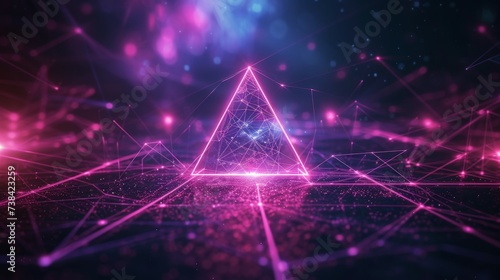 Abstract flying in futuristic corridor with triangles background, fluorescent ultraviolet light, colorful laser neon lines, geometric endless tunnel, blue pink spectrum. photo