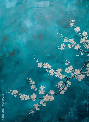 Sakura ,Textured Teal Canvas with White Cherry Blossoms - Abstract Interpretation of Nature's Serene Beauty, copy space