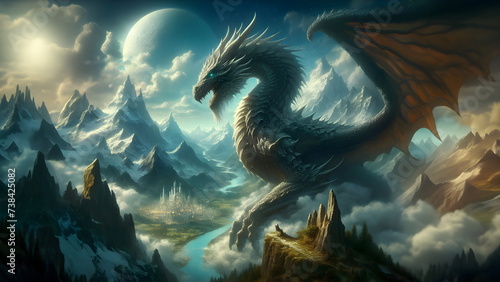 colossal, ancient dragon perches on a mountaintop, with a vast, sprawling fantasy world visible in the background, emphasizing the creature's majesty and power © Borneo