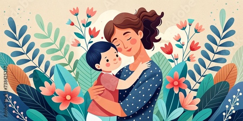 Mother Embracing Child with Background Flower - Mother s Day Concept