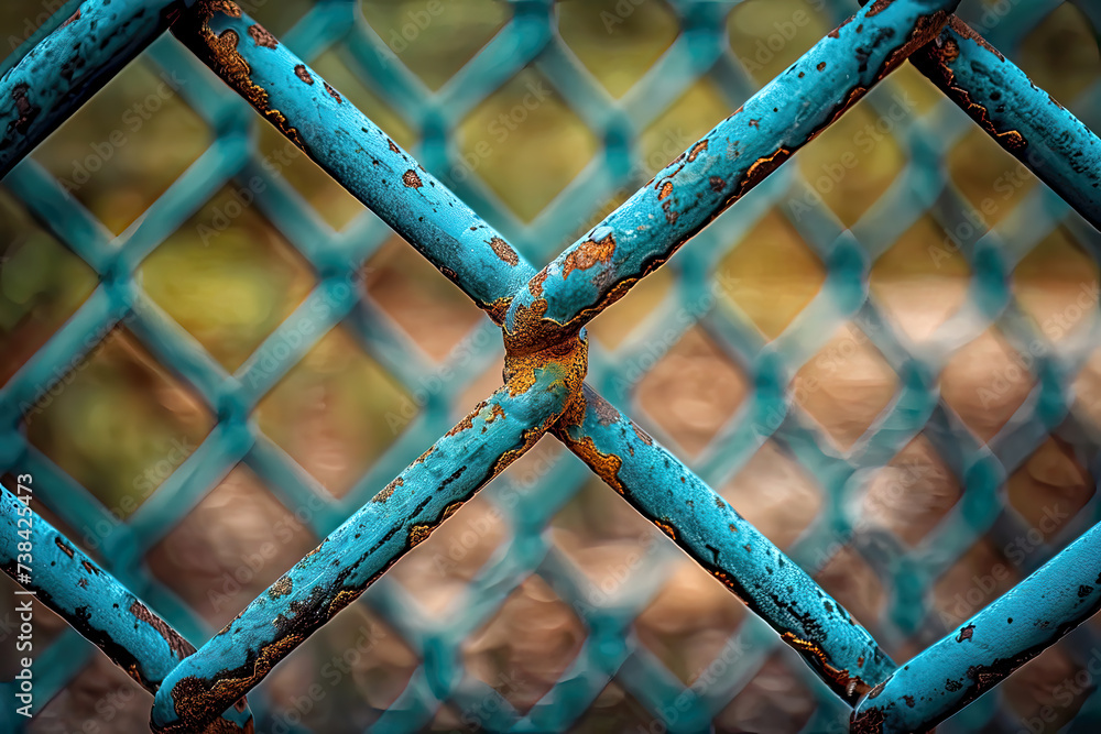 rusty metal blue fence close up, generative ai rusty metal blue fence close up, generative ai