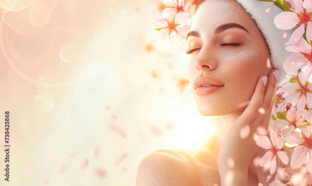 Radiant Skin: Achieving the Perfect Hydration for Your Face at the Spa, Unveiling a Healthy and Dewy Glow of Beauty and Wellness. Beige Background - Copy Space.