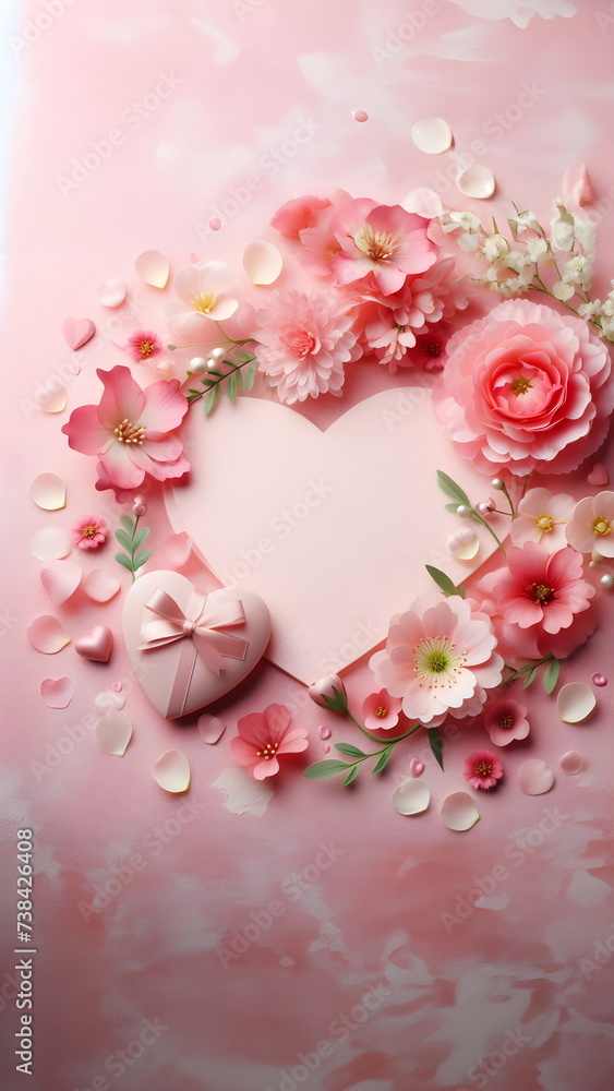Mother's day or valentine's day background. Pink background with a heart and flowers with petals