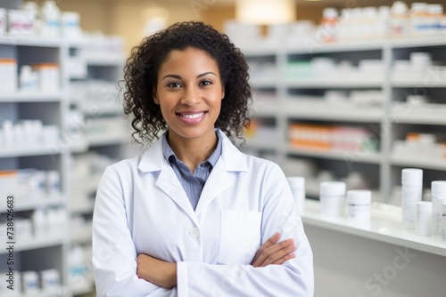 A State Pharmacy Consultant deeply involved in her work, with a backdrop of shelves filled with pharmaceuticals and medical texts