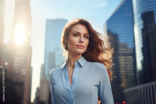 A chic businesswoman in a light blue dress shirt posing with confidence against the backdrop of a bustling metropolis during sunrise
