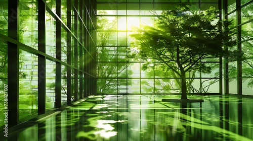 Sustainble green building. Eco-friendly building. Sustainable glass office building with tree for reducing carbon dioxide. Office with green environment. Corporate building reduce CO2. : Generative AI