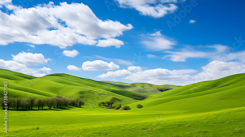 Nature's Canvas: A Beautiful Landscape of Rolling Hills and Calm Stream Under Clear Blue Sky