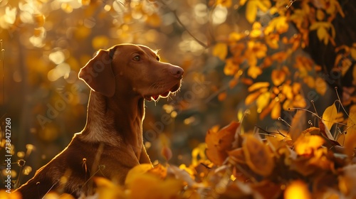 Hungarian hound pointer vizsla dog in autumn time in the field : Generative AI