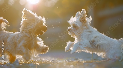 two small dogs playing together outdoors : Generative AI photo