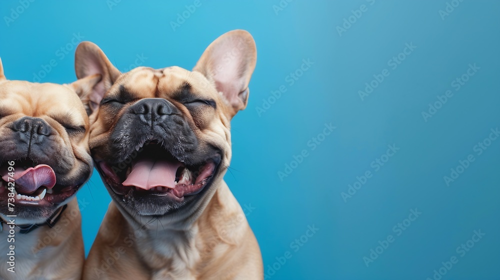 Banner two smiling dogs with happy expression. and closed eyes. Isolated on blue colored background. : Generative AI