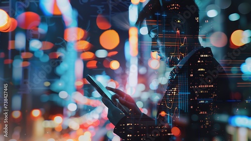 Double exposure of businessman using the tablet with cityscape and financial graph on blurred building background, Business Trading concept : Generative AI