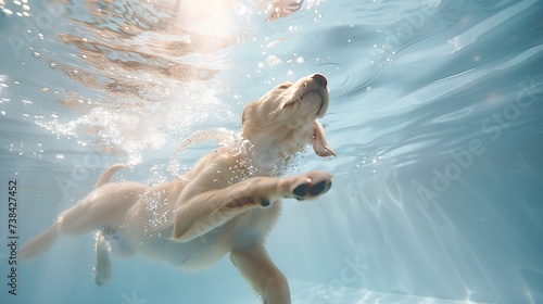 Underwater funny photo of golden labrador retriever puppy in swimming pool play with fun - jumping, diving deep down. Actions, training games with family pets and popular dog breeds on : Generative AI
