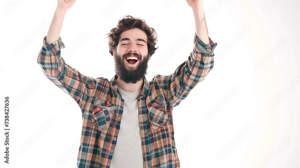 Smiling bearded young male model rejoices coming weekends dressed casually isolated over white background Positive pleased student being in good mood after successfully passed exams at : Generative AI - obrazy, fototapety, plakaty 