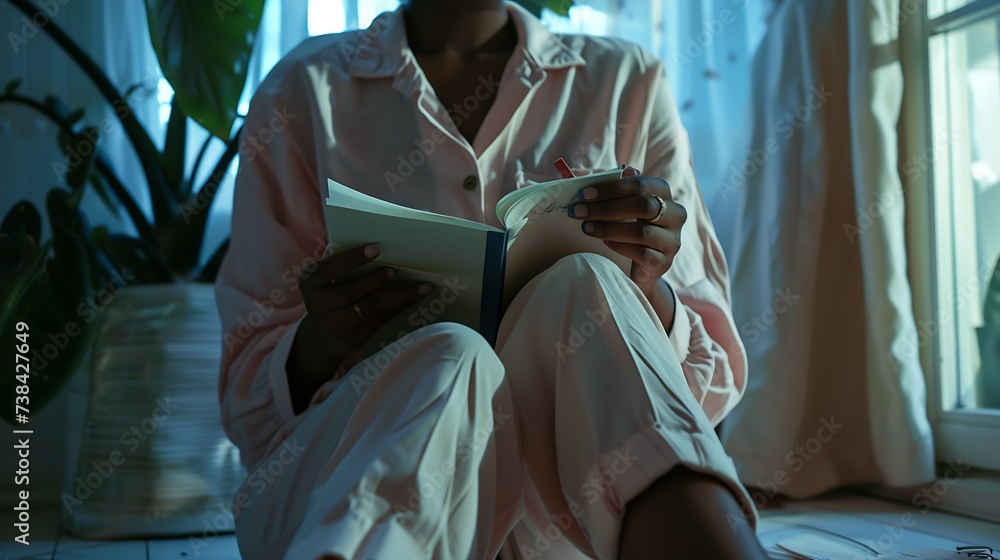 Cropped shot of dark skinned woman sits crossed legs wears pyjamas makes notes in diary focused aside blank copy space against domestic interior Blogger creats publication for blog in  : Generative AI