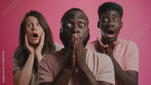 Shocked stupefied dark skinned man and their companions pose against pink background Emotional surprised horrified mixed race people see something unexpected in front Human reaction co : Generative AI photo