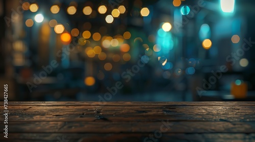 image of wooden table in front of abstract blurred background of resturant lights : Generative AI