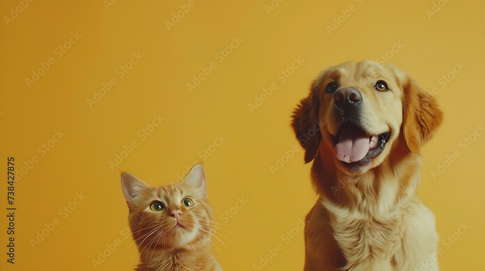 Labrador retriever dog panting and ginger cat sitting in front of dark yellow background : Generative AI