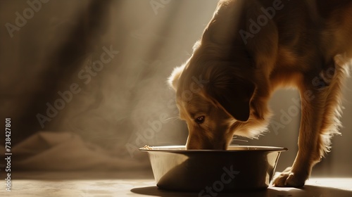 Hungry or thirsty dog fetches metal bowl to get feed or water : Generative AI photo