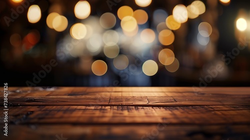 Wood table top Bar with blur light bokeh in dark night caferestaurant background Lifestyle and celebration concepts ideas : Generative AI photo