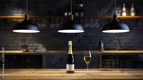 Interior design of restaurant or cafe Side Photo of wooden table with bottle champagne or wine and glass with drink on it three modern lamps above table : Generative AI