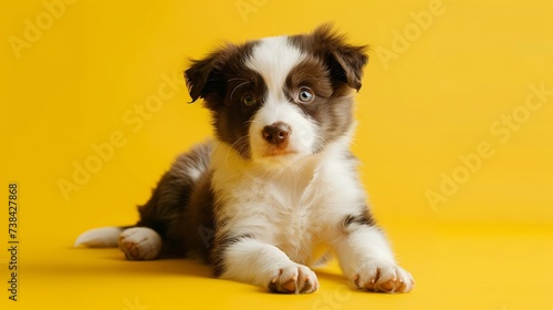 Funny studio portrait of cute smilling puppy dog border collie isolated on yellow background. New lovely member of family little dog gazing and waiting for reward. Pet care and animals : Generative AI