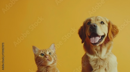Labrador retriever dog panting and ginger cat sitting in front of dark yellow background : Generative AI