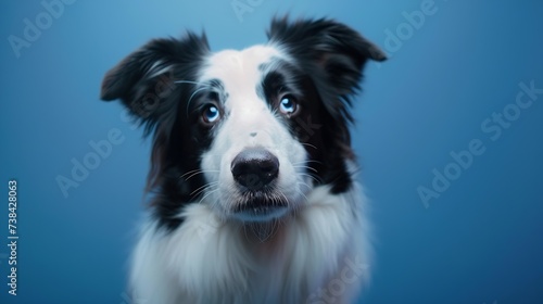 adorable portrait of amazing healthy and happy adult black and white border collie in the photo studio on the blue background : Generative AI © Generative AI