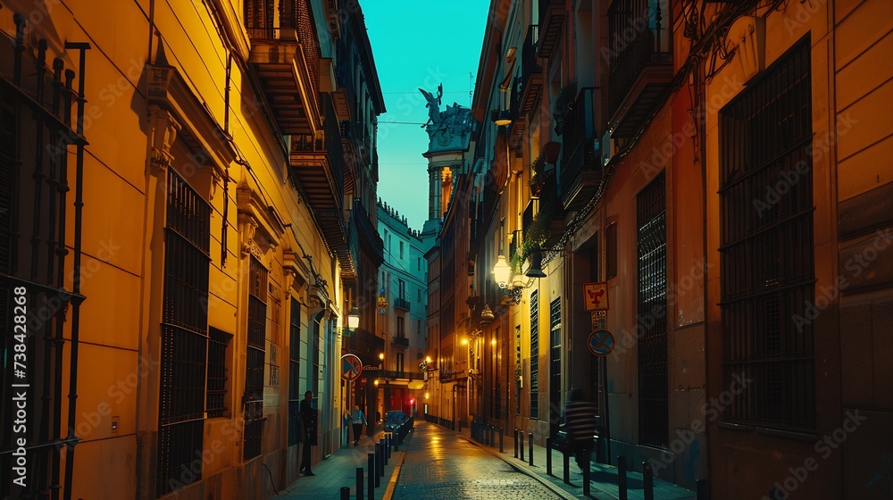Old cozy street in Madrid Spain Architecture and landmark of Madrid night cityscape of Madrid : Generative AI