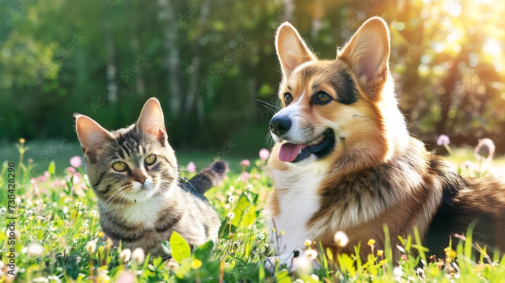 cute fluffy friends a corgi dog and a tabby cat sit together in a sunny spring meadow : Generative AI cute fluffy friends a corgi dog and a tabby cat sit together in a sunny spring meadow : Generative AI