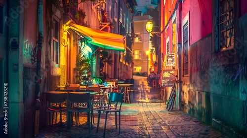 Night view of the narrow streets of Lisbon with cafe outdoors Portugal   Generative AI