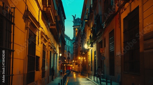 Old cozy street in Madrid Spain Architecture and landmark of Madrid night cityscape of Madrid : Generative AI