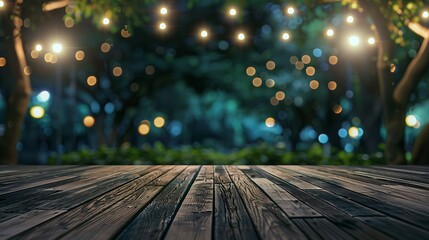 empty brown wooden floor or wooden terrace with abstract night light bokeh of night festival in garden blurred background copy space for display of product or object presentation vinta : Generative AI