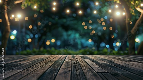 empty brown wooden floor or wooden terrace with abstract night light bokeh of night festival in garden blurred background copy space for display of product or object presentation vinta : Generative AI photo