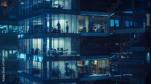 multistorey office building at night with worker working overtime late night at office lighting and working people within Late night overtime in a modern office building : Generative AI photo
