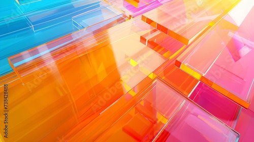 Creative modern background with many layers of colorful acrylic sheets with orange blue and pink colors Design banner poster or display products : Generative AI