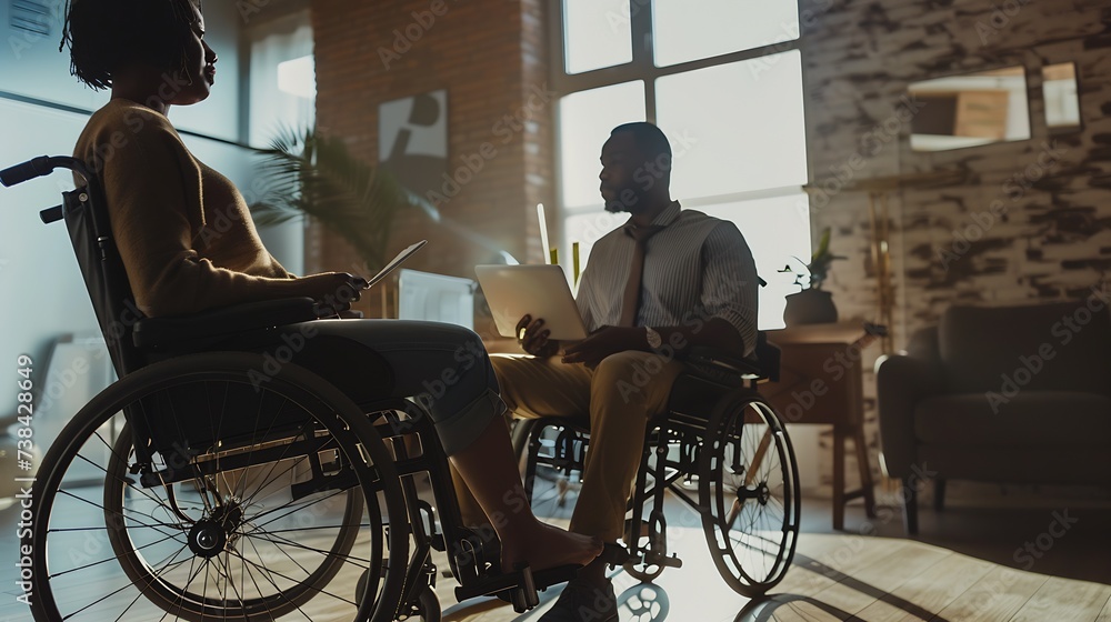 African American male sits at workplace in wheelchair shares creative ideas and opinions with female worker demonstrate new business project have informal meeting Physically handicappe : Generative AI African American male sits at workplace in wheelchair shares creative ideas and opinions with female worker demonstrate new business project have informal meeting Physically handicappe : Generative AI