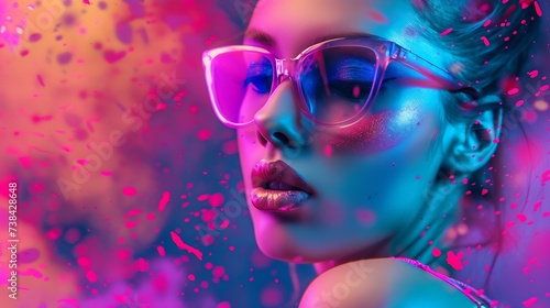 High Fashion model woman in colorful bright neon lights posing in studio night club Portrait of beautiful girl in UV Art design colorful make up On colourful vivid background art desig : Generative AI