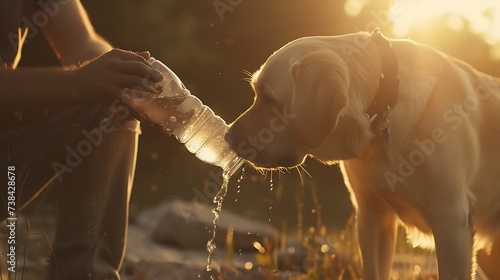 Dog drinking water from plastic bottle. Pet owner takes care of his labrador retriever during hot sunny day. : Generative AI