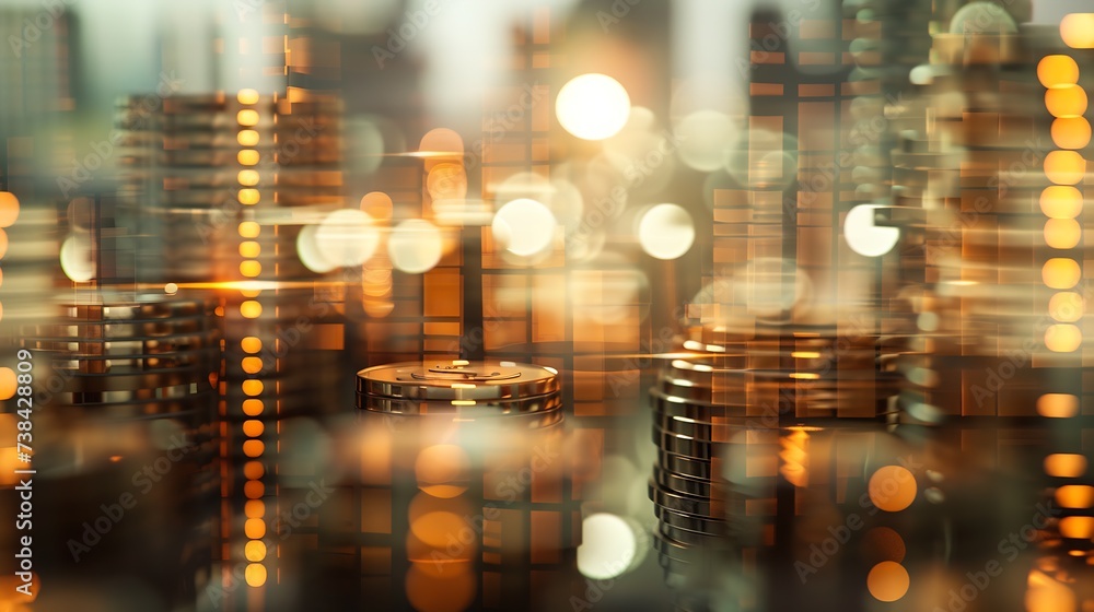 Double exposure of city and rows of coins for finance and banking concept : Generative AI Double exposure of city and rows of coins for finance and banking concept : Generative AI