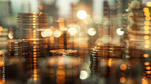 Double exposure of city and rows of coins for finance and banking concept : Generative AI
