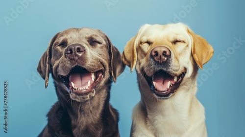 Banner two smiling dogs with happy expression. and closed eyes. Isolated on blue colored background. : Generative AI
