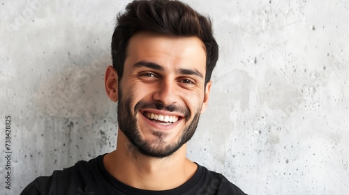 Headshot of satisfied cheerful handsome man grins at camera glad to find suitable well paid job isolated over white concrete background People positive emotions and facial expressions  : Generative AI © Generative AI