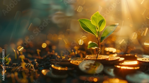 Growing Money - Plant On Coins - Finance And Investment Concept : Generative AI