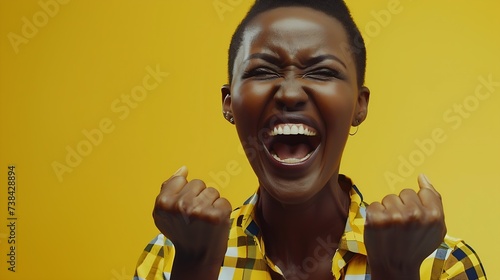 Portrait of overjoyed female clenches fists with happiness opens mouth widely as shouts loudly celebrates her success poses against yellow background Happy African woman with joyful ex   Generative AI