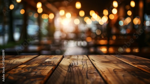 Empty wood table top on blur cafe restaurant in dark backgroundselective focus For montage product display : Generative AI