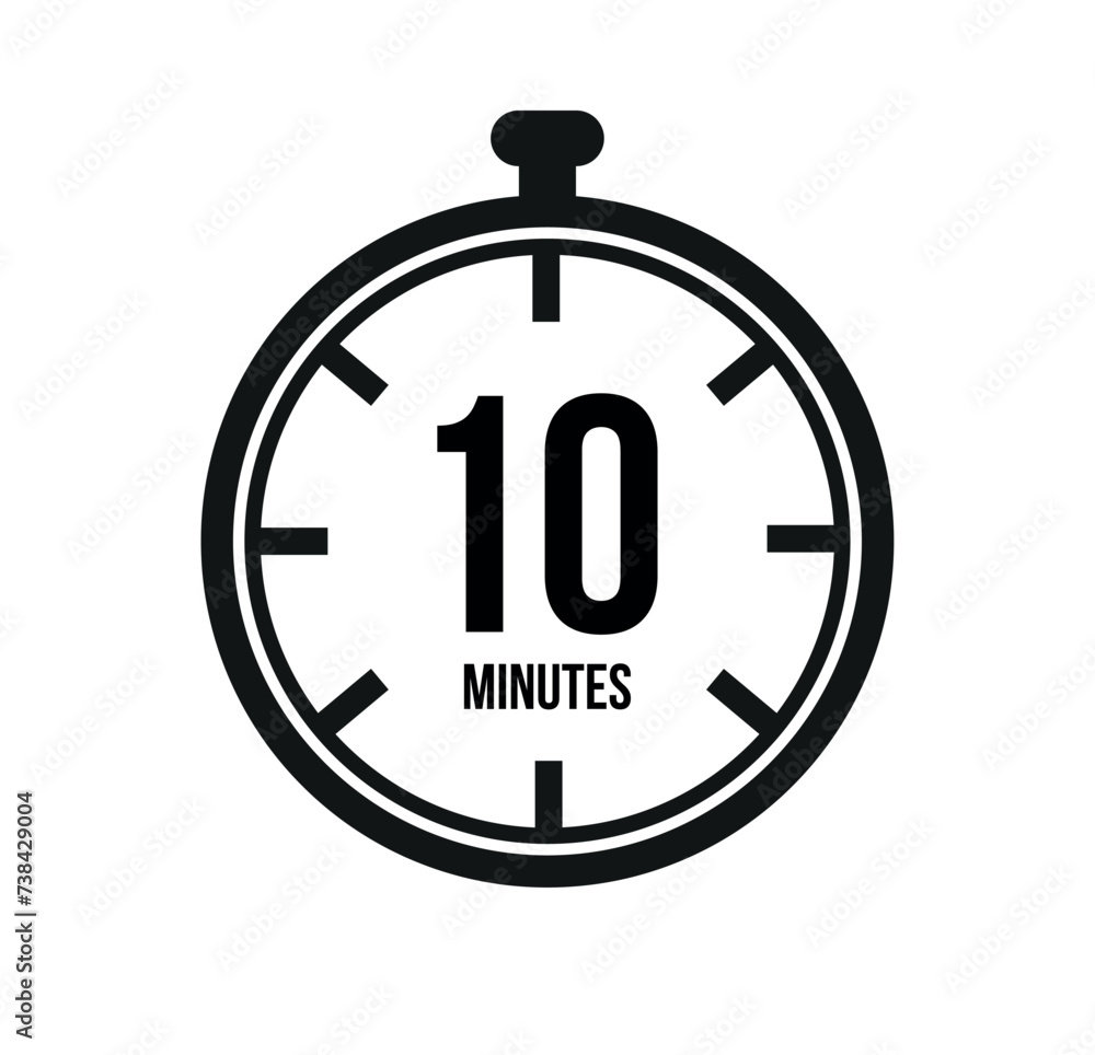 10 clock minutes timers. Time measure. Chronometer vector icon black isolated on white background. 10 clock minutes timers. Time measure. Chronometer vector icon black isolated on white background.