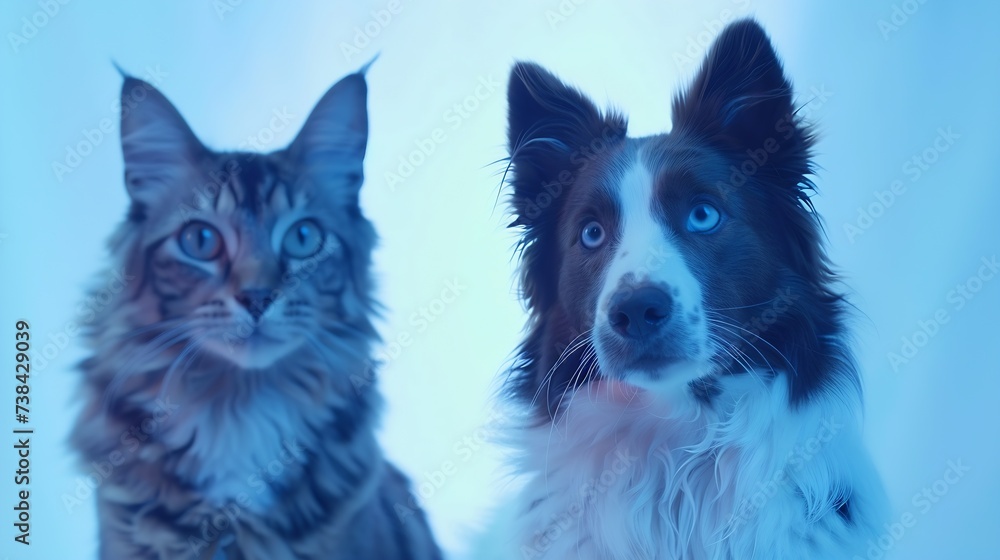 tabby cat and border collie dog in front of a blue gradient background : Generative AI tabby cat and border collie dog in front of a blue gradient background : Generative AI