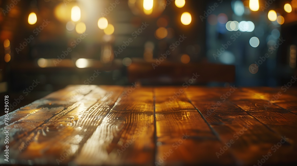 Real wood table with light reflection on scene at restaurant pub or bar at night Blurred background for product display or montage your products with several concept idea and any occas : Generative AI - obrazy, fototapety, plakaty 